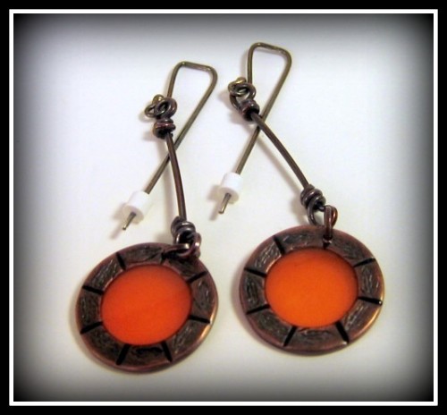 RESERVED Earrings - Tangerine Orange Resin Dark Copper Sterling Silver