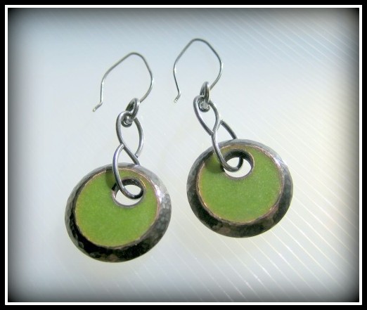 RESERVED Earrings - Lime Green Resin Textured Oxidized Copper