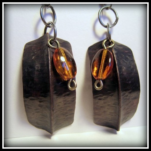 Earrings - Dark Copper Fold Formed Amber Bead