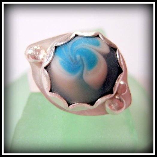 Ring - Sterling Blue and White Artisan Glass Flower