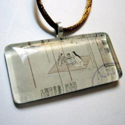 Pendant - Japanese Vintage Stamp, Glass Tile Family Scene