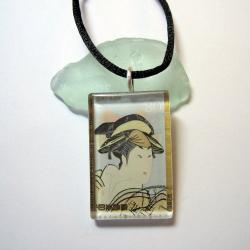 Pendant - Vintage Stamp, Glass Tile Traditional Geisha Pastels