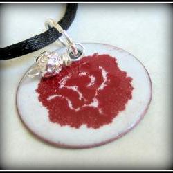 Pendant - Red Flower on White Enameled Copper