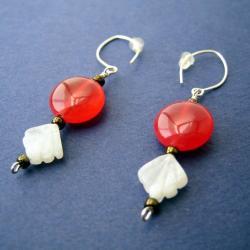 Earrings - Red Jade Coins Moonstone Sterlng