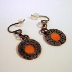 RESERVED Earrings - Tiny Tangerine Orange Resin Dark Copper Sterling Silver