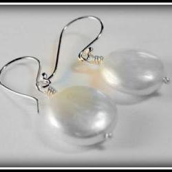 Earrings - Satin White Freshwater Pearls Coin Sterling Earwires