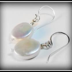 Earrings - Satin White Freshwater Pearls Ovals Sterling Ear Wires