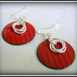 Earrings - Red Enameled Copper Silver Twist Rings